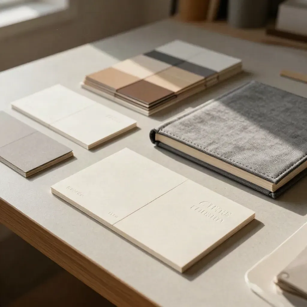 Corporate-Design-Set mit Hüllen, Musterkarten und Identitätsband auf heller Atelierfläche.