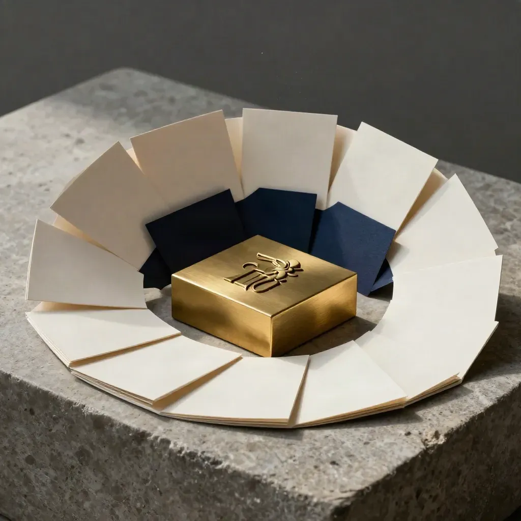 Prägendes Logo-Design-Set auf Steinsockel mit Messingblock und Papierstaub im Licht.