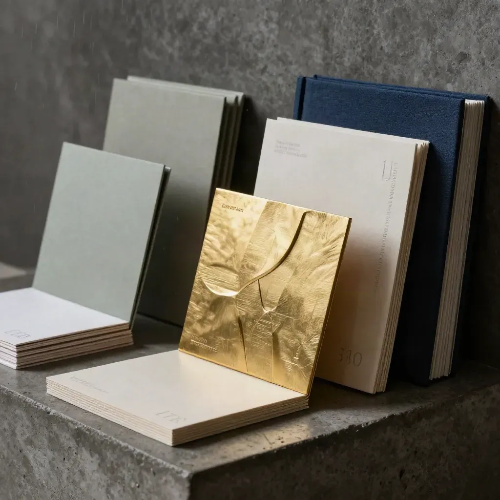 Premium-Branding-Installation mit geprägten Karten, Papierbögen und Messingrelief im dramatischen Licht.