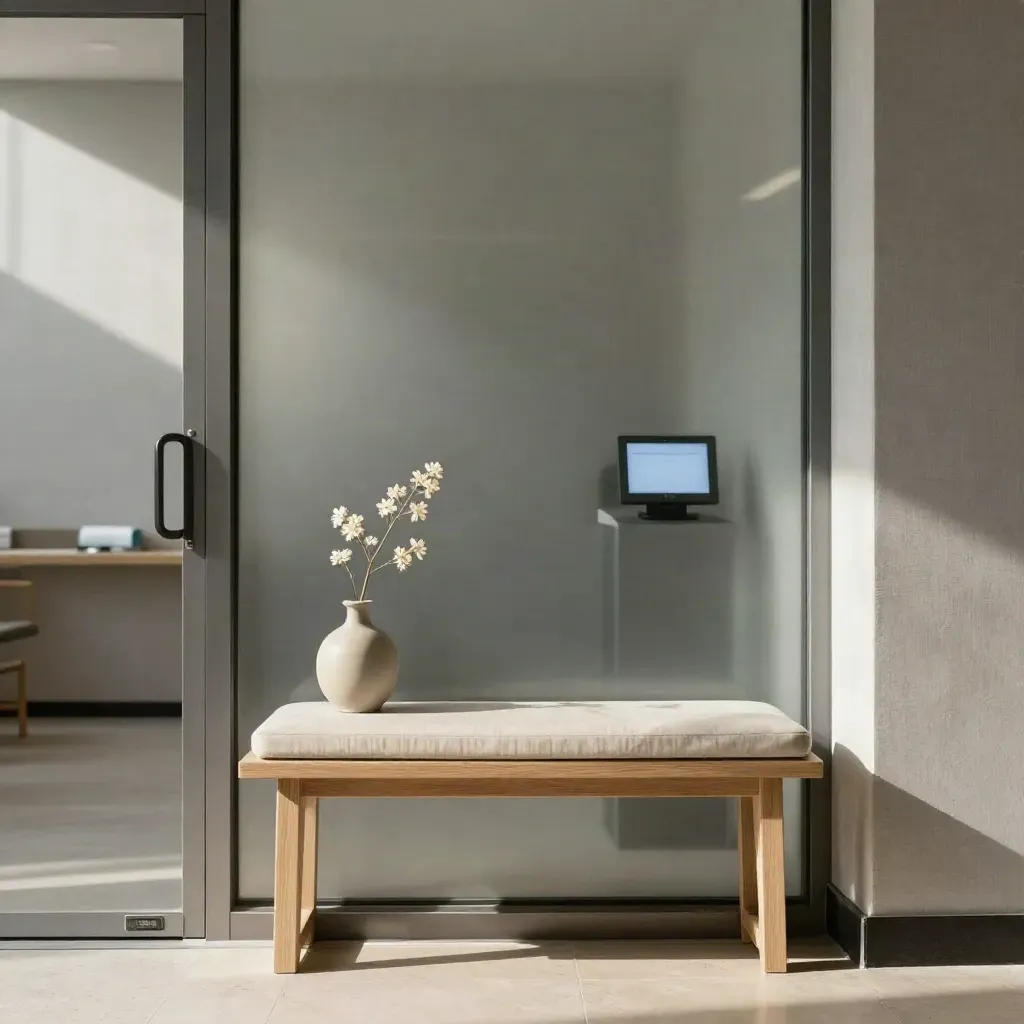 Ruhiger Praxiseingang mit satiniertem Glas, Vase, Sitzbank und Buchungsgerät im warmen Licht.