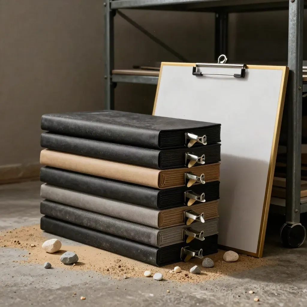 Baustellen-Set mit Ordnern, Materialchips, Planrohr, Klemmen und Musterplatte im Betonlicht.