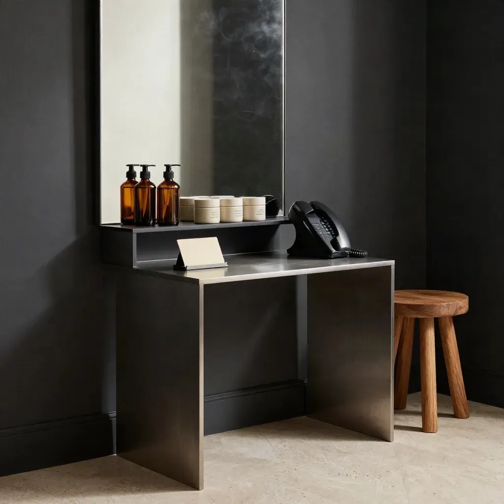 Ruhige Salon-Ecke mit Spiegel, Produktablage und dunkler Telefonstation im dramatischen Licht.