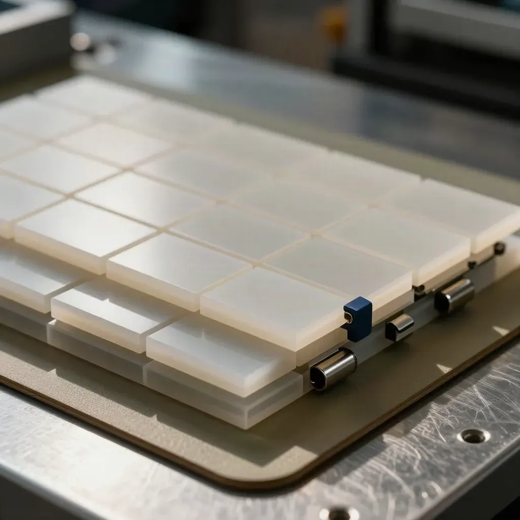 Frostige Acryl-Tiles, Handyhülle, Kabelclips und Abstandskappen auf einer Werkbank.