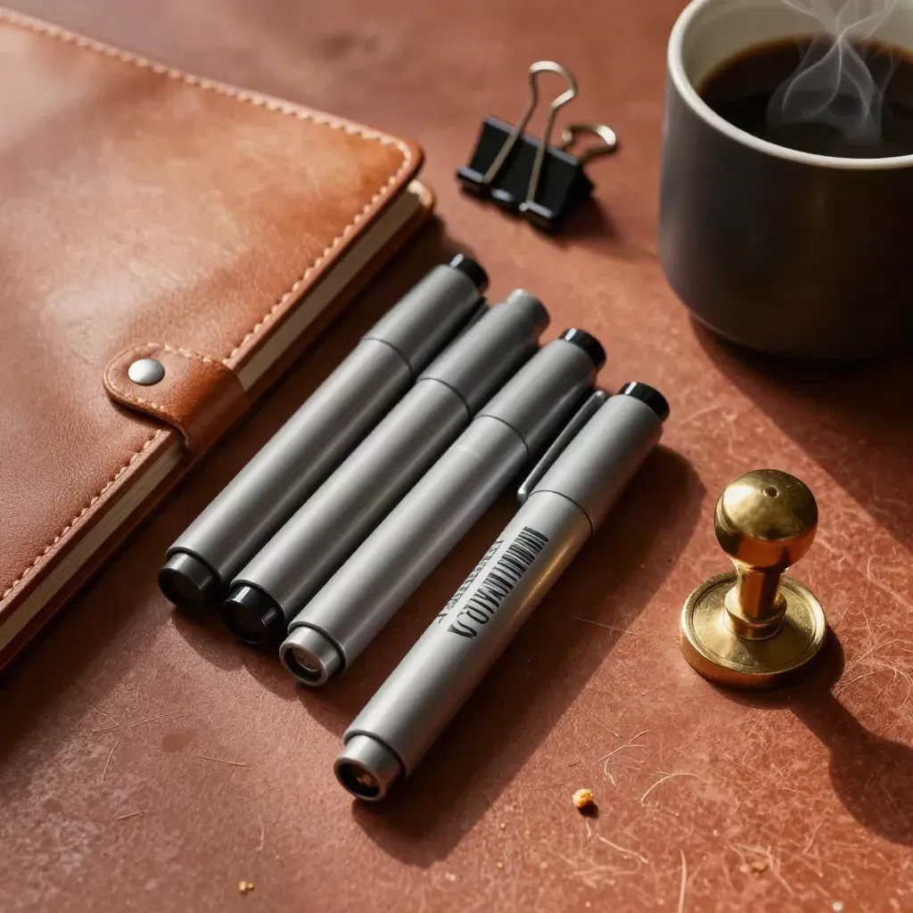 Metall-Tabmarker, Ledermappe, Binder-Clips und Kaffeetasse auf terrakottafarbenem Arbeitstisch.