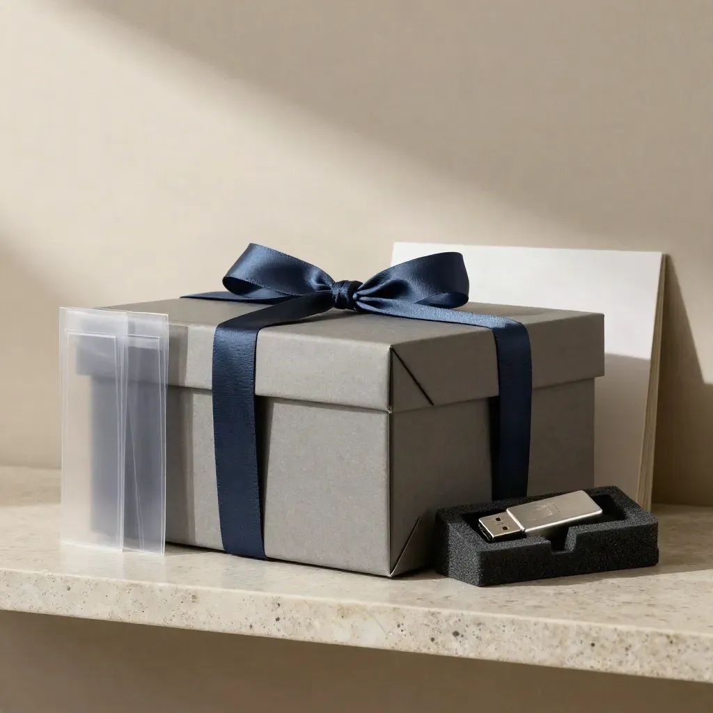 Archivbox mit versiegelten Hüllen, Stoffband und USB-Stick auf Steinsims, Übergabe bereit.