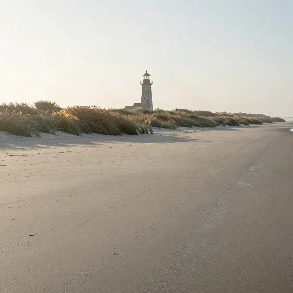 Nebel über Marschflächen in Schleswig-Holstein, kleiner Leuchtturm auf dem Deich