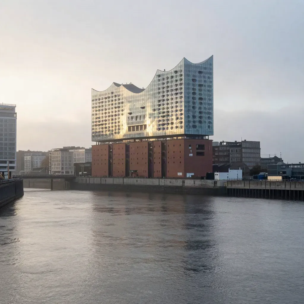 Hamburg mit Elbphilharmonie im Hafennebel über ruhigem Wasser
