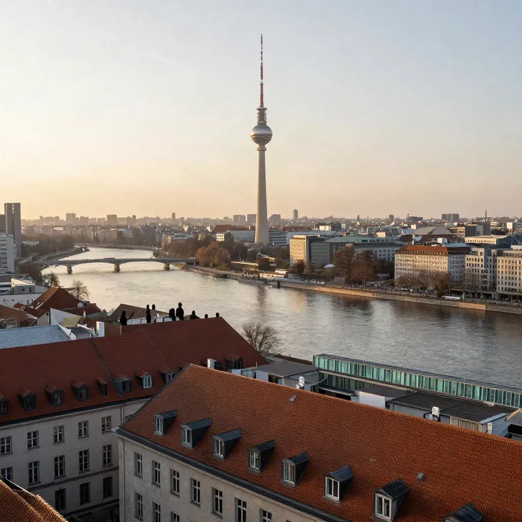Berliner Skyline mit Fernsehturm über dem Fluss im goldenen Abendlicht und viel ruhiger Haze-Fläche.